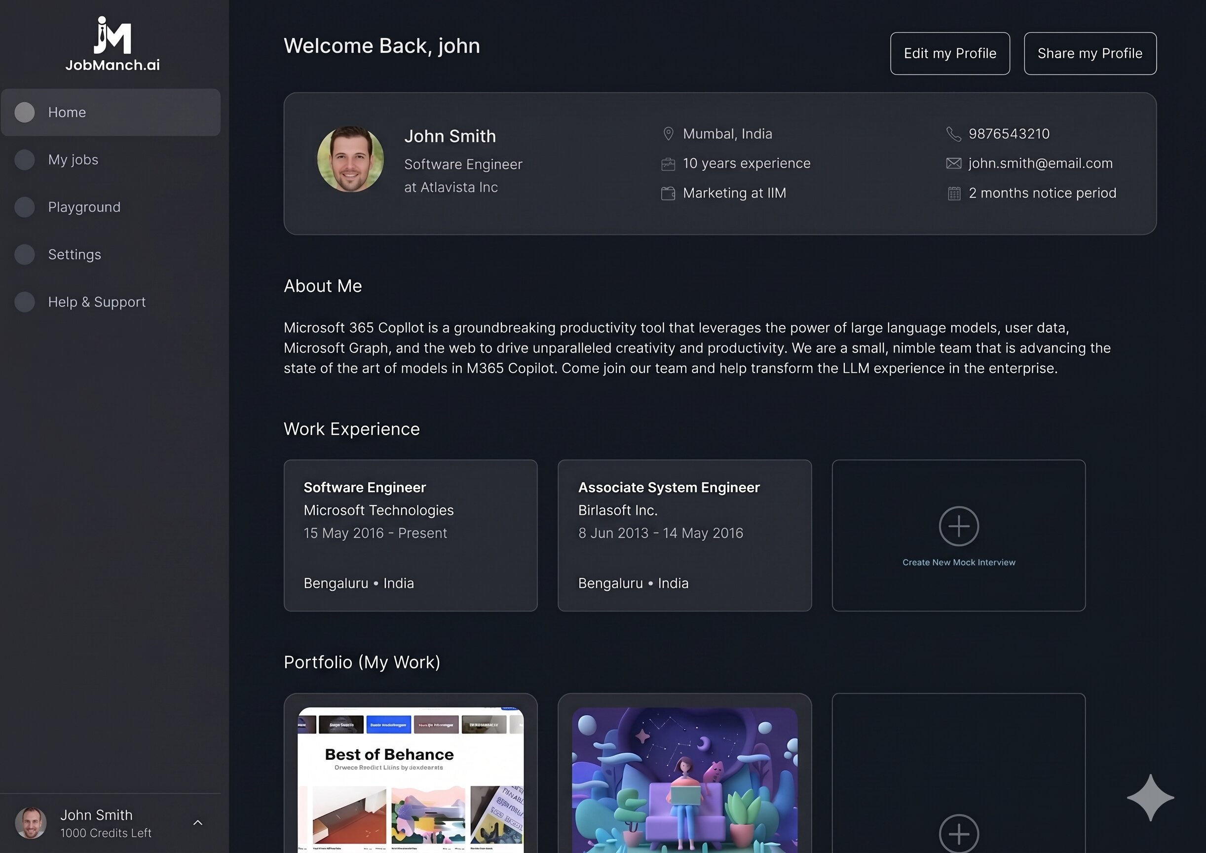 PocketInterviewer candidate profile dashboard showing work experience, portfolio and a Create New Mock Interview action